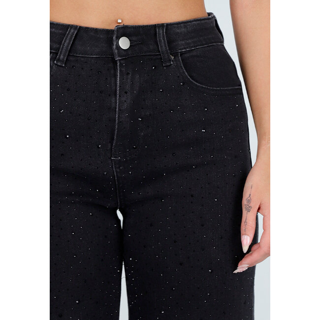 Schwarze Wide Leg Jeans mit hoher Taille und Strasssteinen