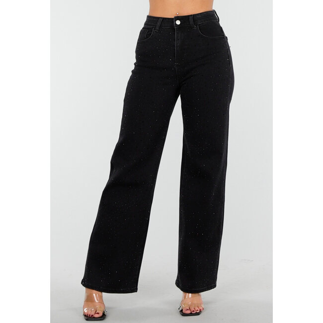 Schwarze Wide Leg Jeans mit hoher Taille und Strasssteinen