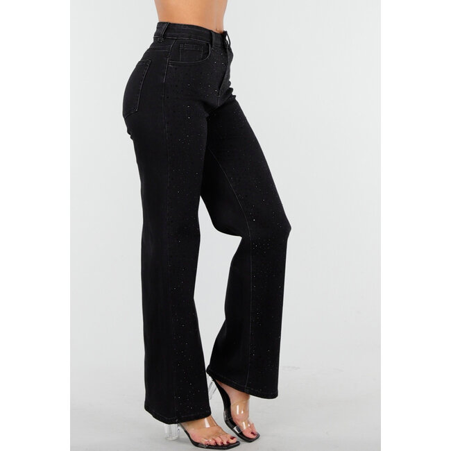 Schwarze Wide Leg Jeans mit hoher Taille und Strasssteinen