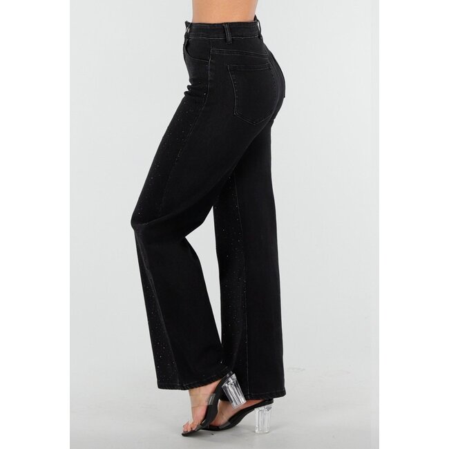 Schwarze Wide Leg Jeans mit hoher Taille und Strasssteinen