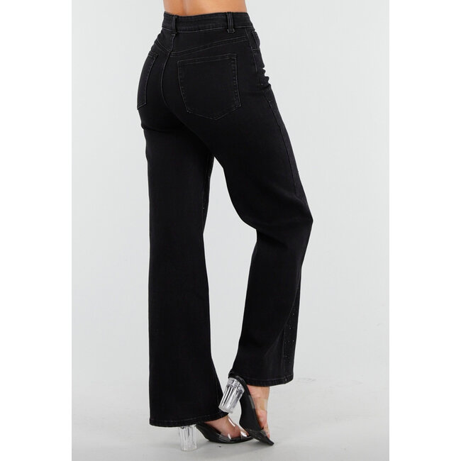 Schwarze Wide Leg Jeans mit hoher Taille und Strasssteinen