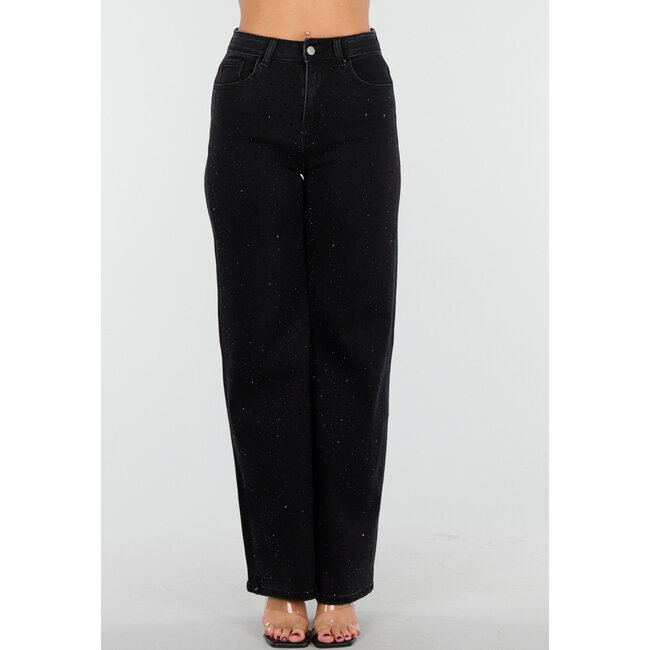 Schwarze Wide Leg Jeans mit hoher Taille und Strasssteinen
