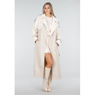 Beigefarbener langer Trenchcoat mit Pelzbesatz