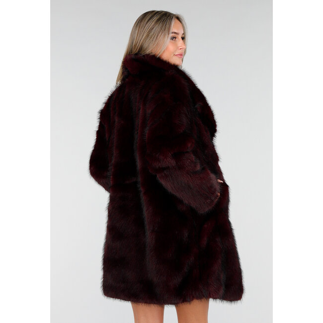Dark Red Faux Fur Coat with Wide Lapel Collar