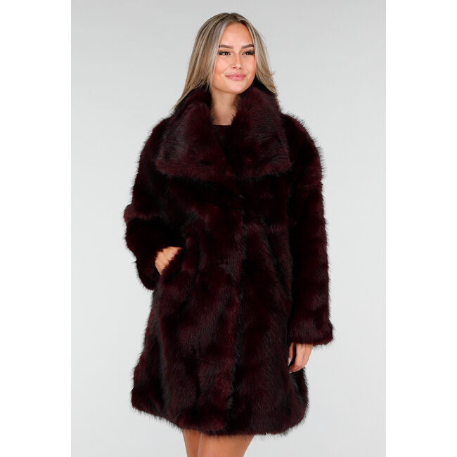 Dark Red Faux Fur Coat with Wide Lapel Collar