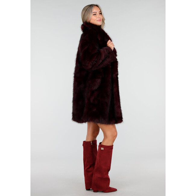 Dark Red Faux Fur Coat with Wide Lapel Collar