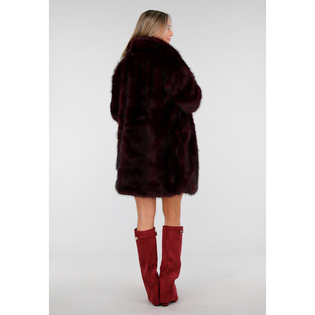 Dark Red Faux Fur Coat with Wide Lapel Collar