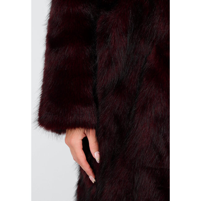 Dark Red Faux Fur Coat with Wide Lapel Collar
