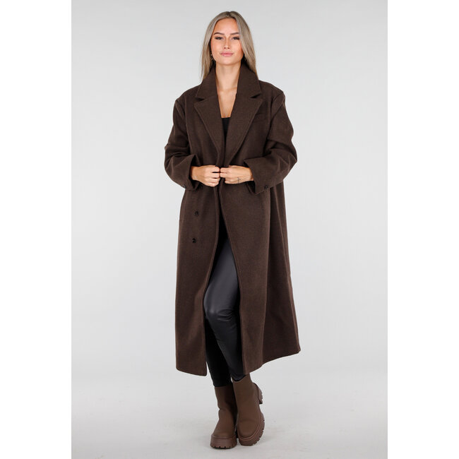 Dark brown trench coat with button closure