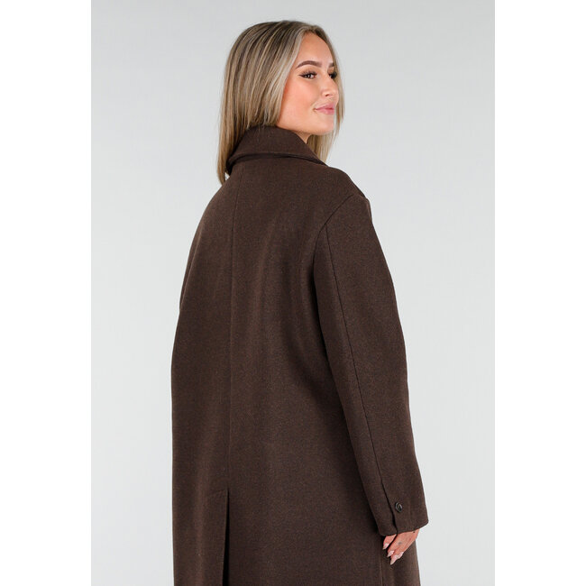 Dark brown trench coat with button closure