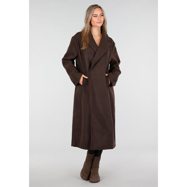 Dark brown trench coat with button closure