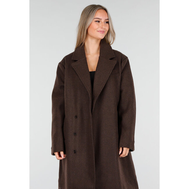 Dark brown trench coat with button closure
