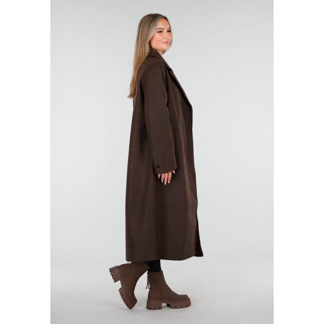 Dark brown trench coat with button closure