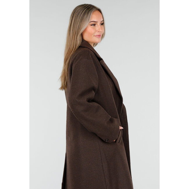 Dark brown trench coat with button closure