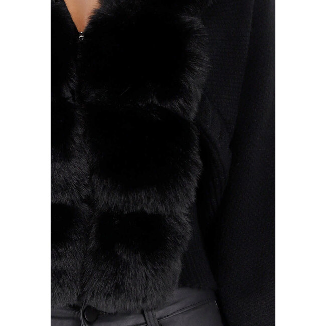 Schwarze Strickjacke mit Kunstfellkragen und Schleifendetails
