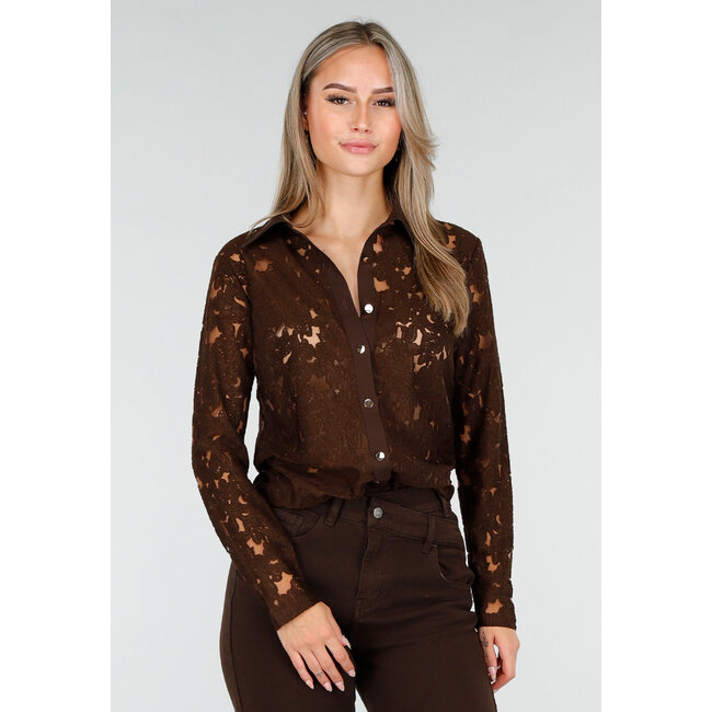Braune Spitzenbluse mit langen Ärmeln und Knöpfen