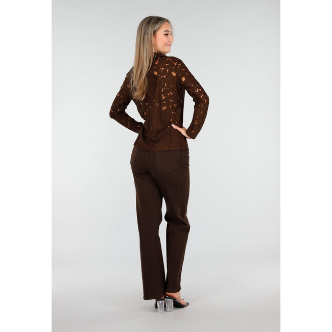 Braune Spitzenbluse mit langen Ärmeln und Knöpfen