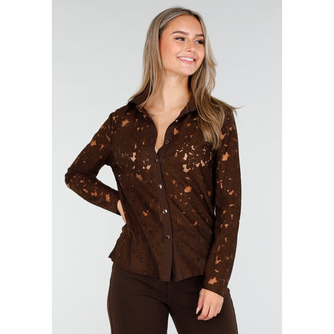 Braune Spitzenbluse mit langen Ärmeln und Knöpfen