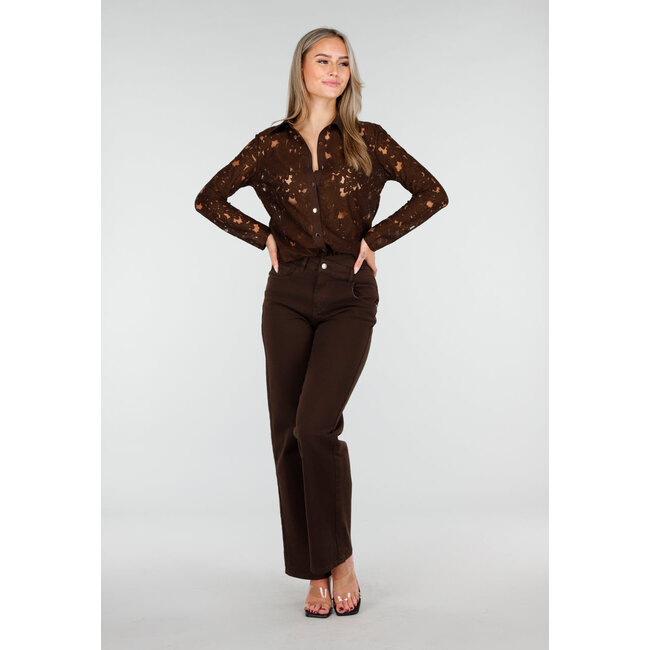 Braune Spitzenbluse mit langen Ärmeln und Knöpfen