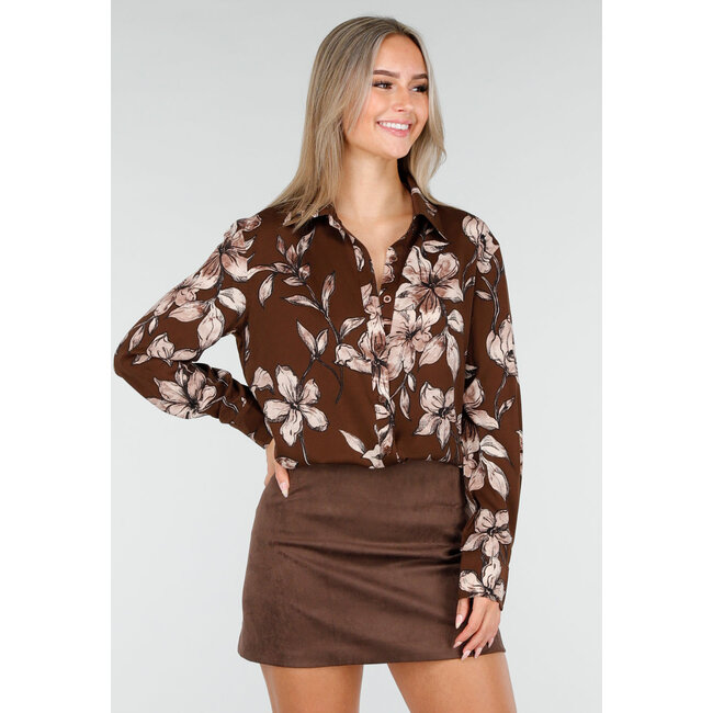 Braune Bluse mit Blumenmuster und langen Ärmeln