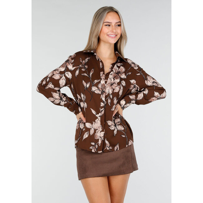 Braune Bluse mit Blumenmuster und langen Ärmeln