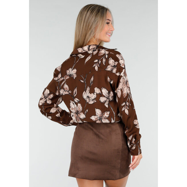 Braune Bluse mit Blumenmuster und langen Ärmeln