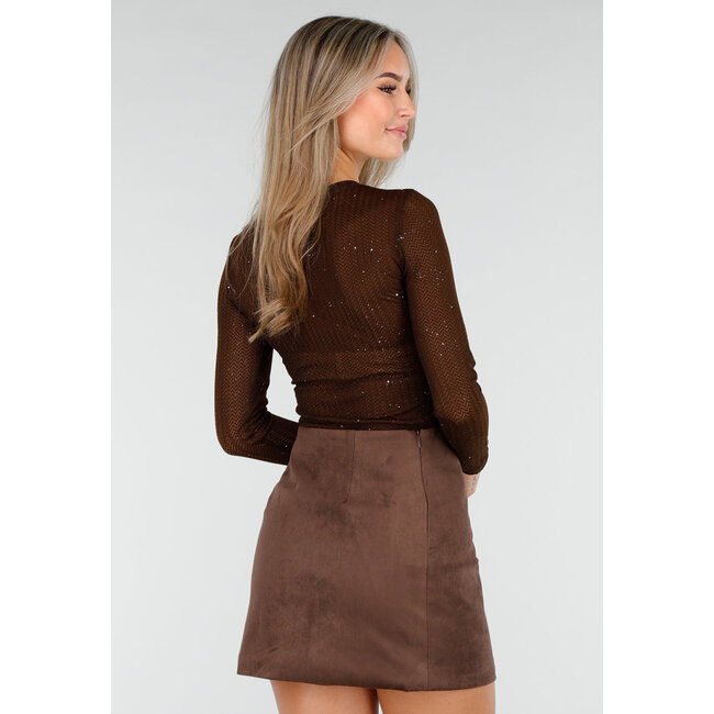 Braunes, halbtransparentes Oberteil mit langen Ärmeln und Glitzerdetails