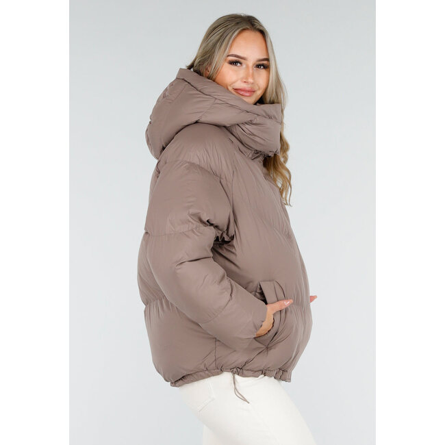 Taupe Pufferjacke mit Kapuze und Reißverschluss
