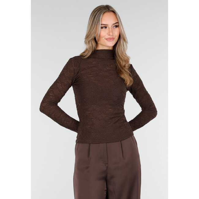 Braunes Spitzenoberteil mit hohem Kragen und langen Ärmeln