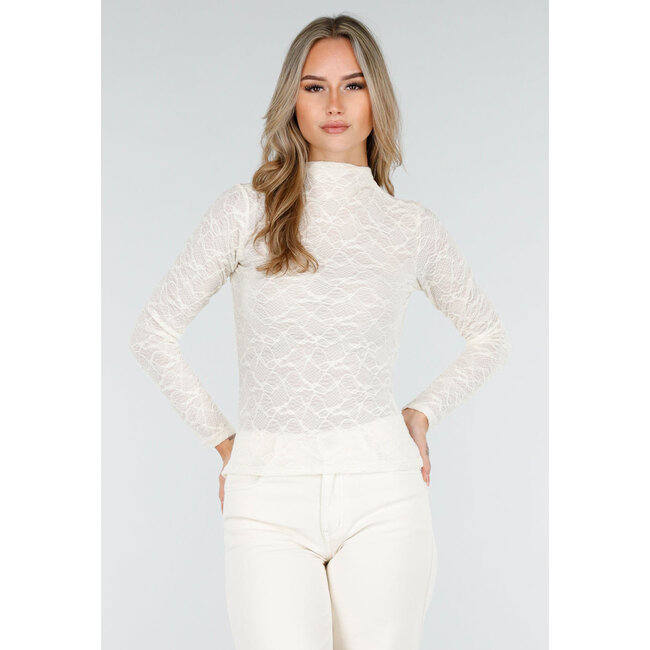 Cremefarbenes Spitzenoberteil mit langen Ärmeln und hohem Kragen