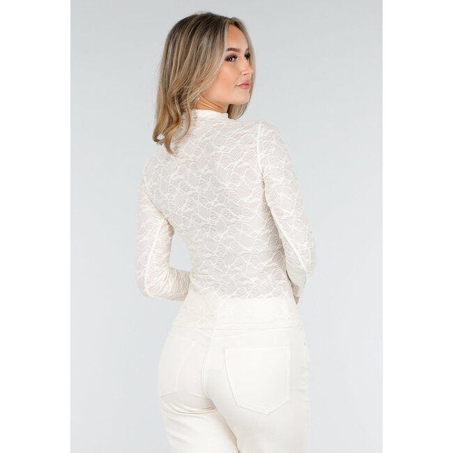 Cremefarbenes Spitzenoberteil mit langen Ärmeln und hohem Kragen
