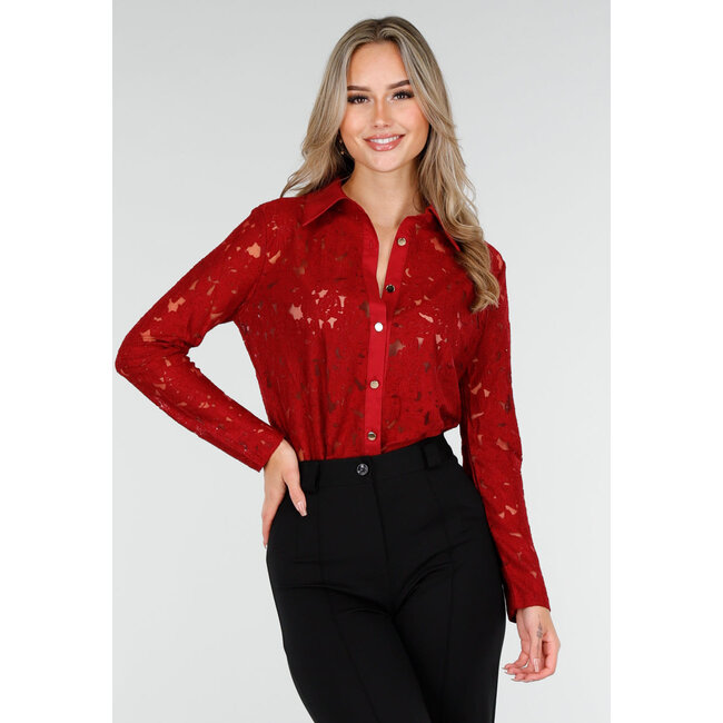 Rote Spitzenbluse mit Knopfverschluss und langen Ärmeln
