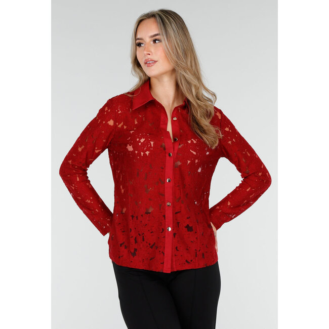 Rote Spitzenbluse mit Knopfverschluss und langen Ärmeln