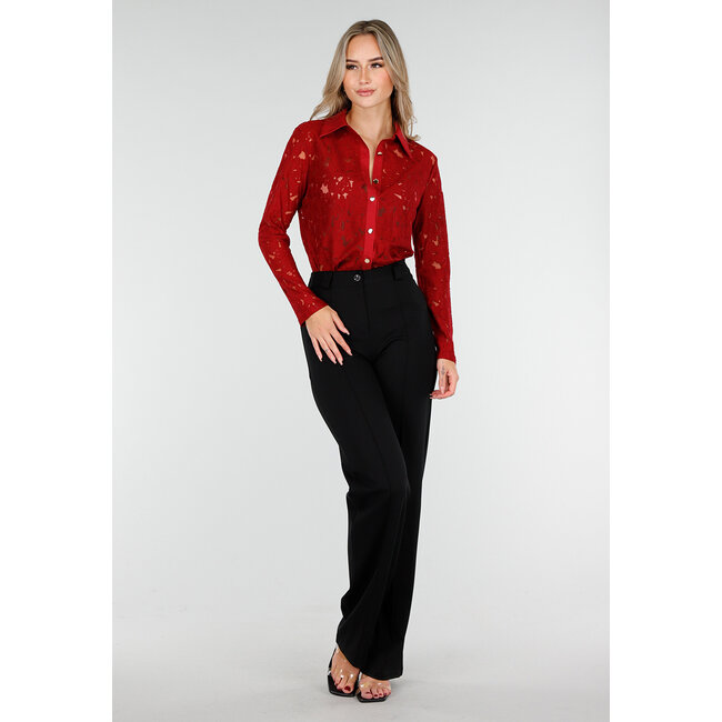 Rote Spitzenbluse mit Knopfverschluss und langen Ärmeln