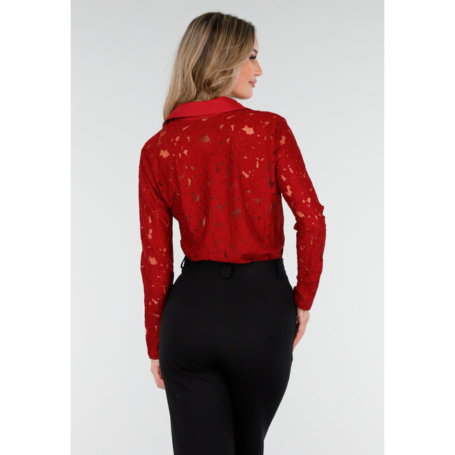 Rote Spitzenbluse mit Knopfverschluss und langen Ärmeln