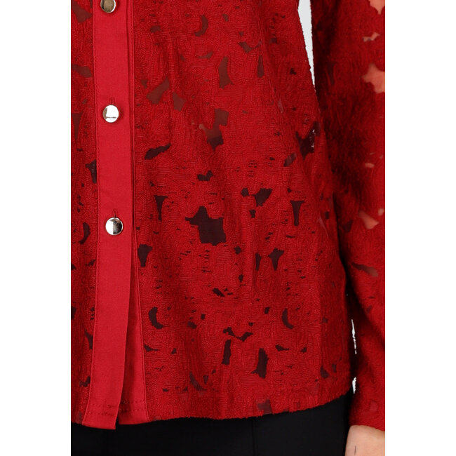 Rote Spitzenbluse mit Knopfverschluss und langen Ärmeln