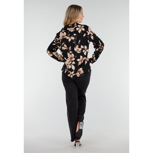 Schwarze Bluse mit beigem Blumenmuster und langen Ärmeln