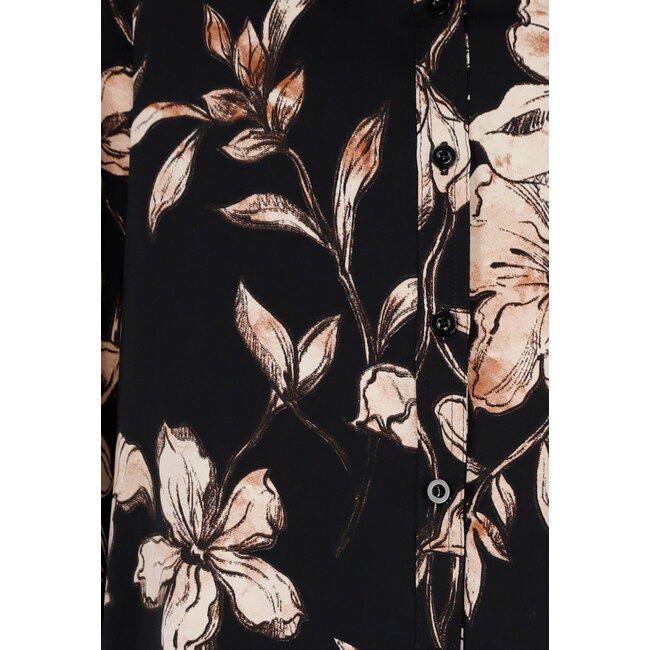 Schwarze Bluse mit beigem Blumenmuster und langen Ärmeln