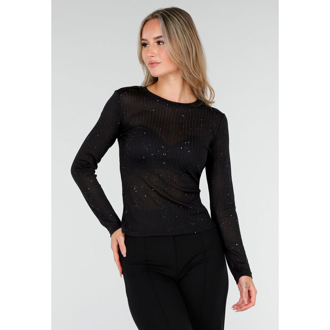 Schwarzes Stretch-Oberteil mit langen Ärmeln und Glitzer