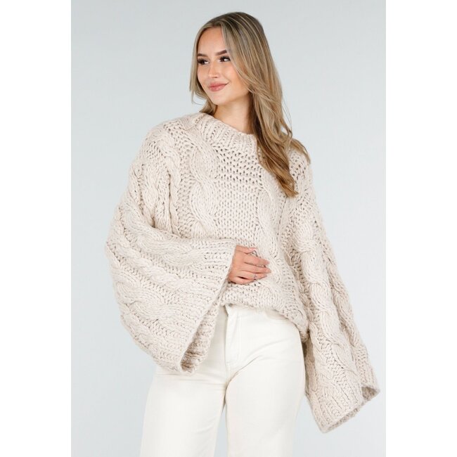 Beige Oversized-Zopfmusterpullover mit weiten Ärmeln