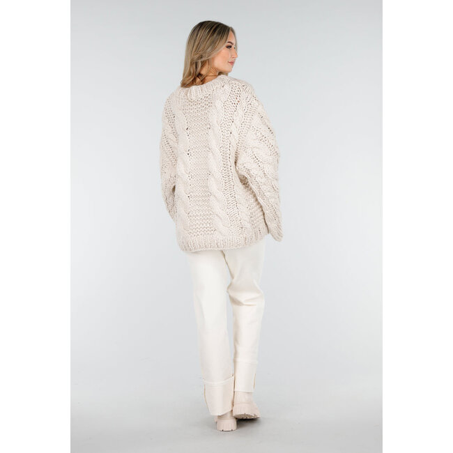 Beige Oversized-Zopfmusterpullover mit weiten Ärmeln