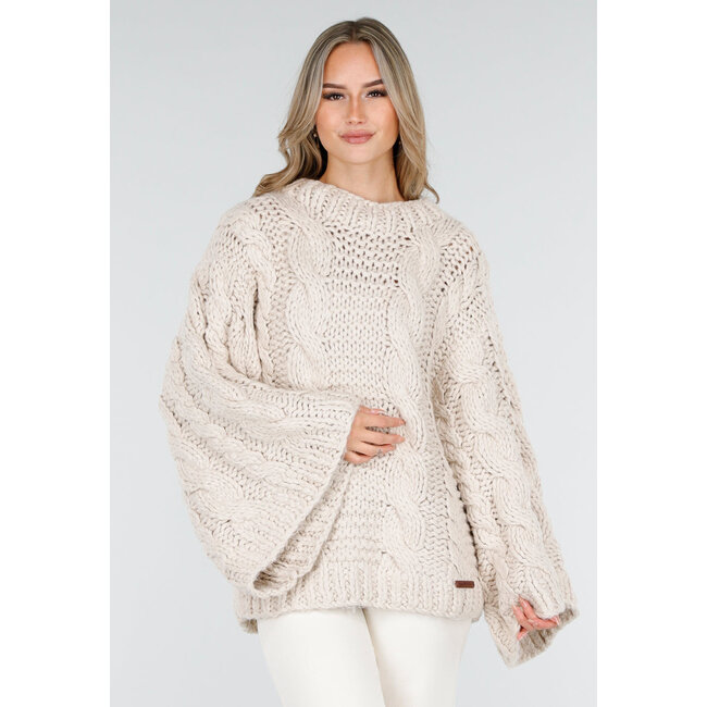 Beige Oversized-Zopfmusterpullover mit weiten Ärmeln