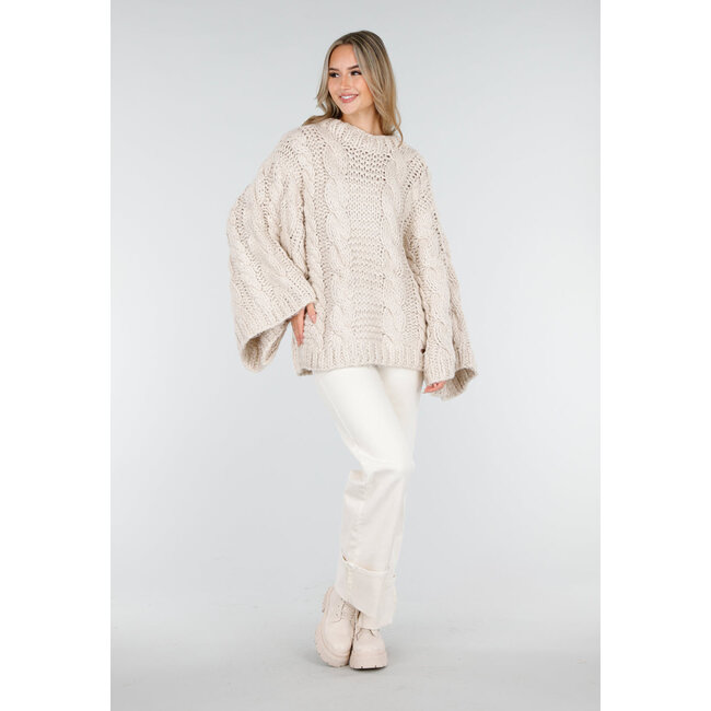 Beige Oversized-Zopfmusterpullover mit weiten Ärmeln