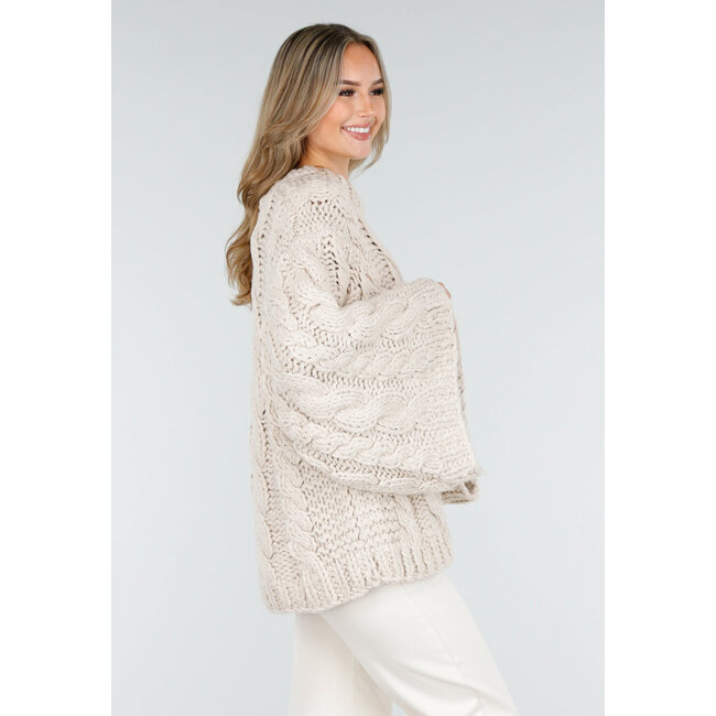 Beige Oversized-Zopfmusterpullover mit weiten Ärmeln