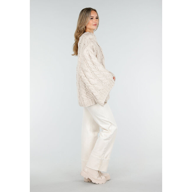 Beige Oversized-Zopfmusterpullover mit weiten Ärmeln