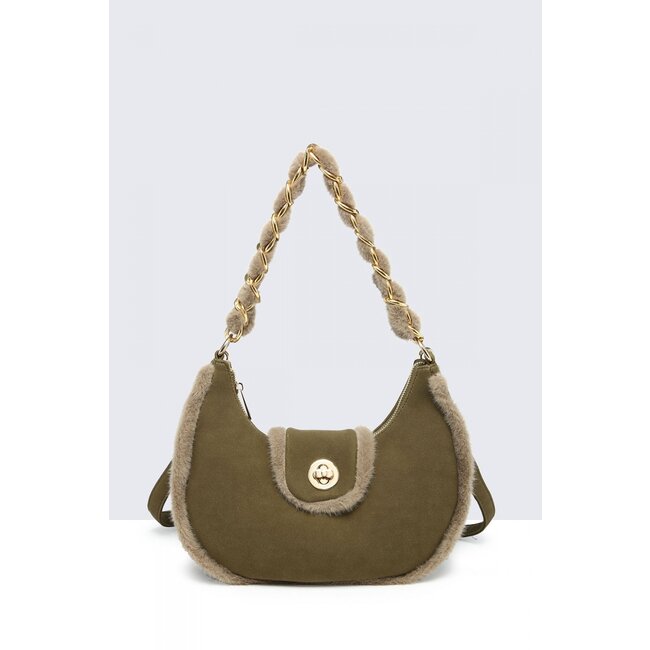 Olive Green Suede Shoulder Bag with Beige Fur Trim and Gold Chain Handle