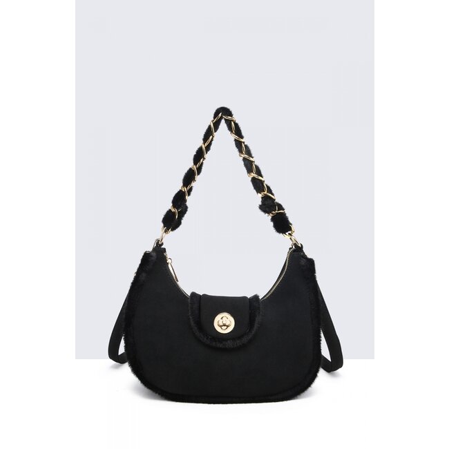 Schwarze Wildleder-Umhängetasche mit beigem Fellbesatz und goldenem Kettengriff