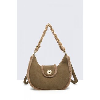 Suède Schultertasche in Khaki mit Felldetails