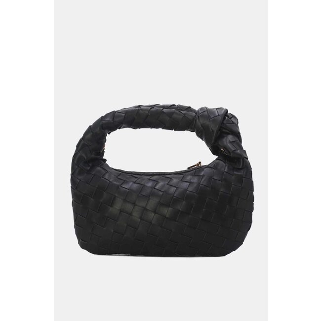 Schwarze gewebte Umhängetasche aus Kunstleder mit Knopfdetail und zusätzlichem Henkel