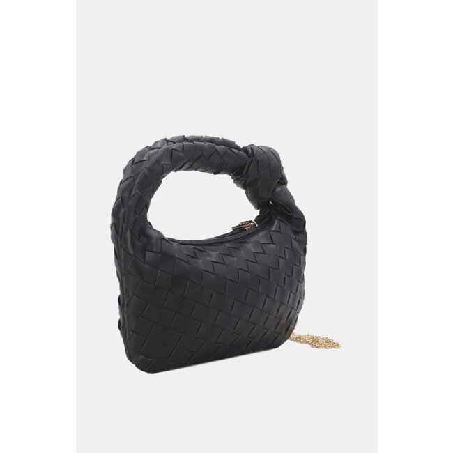 Schwarze gewebte Umhängetasche aus Kunstleder mit Knopfdetail und zusätzlichem Henkel